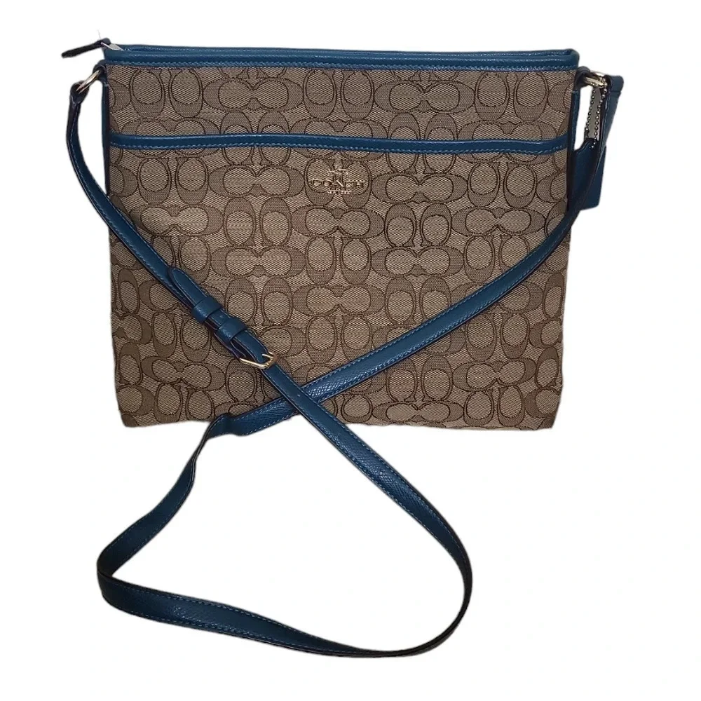 Coach Signature Jacquard File Crossbody Bag F58285 Khaki Canvas Adjustable Strap